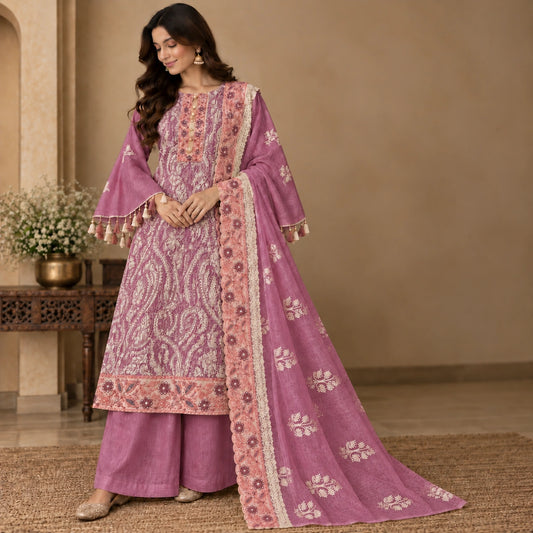 Dusty mauve embroidered suit set with paisley threadwork, pearl embellished neckline and designer embroidered dupatta for women

