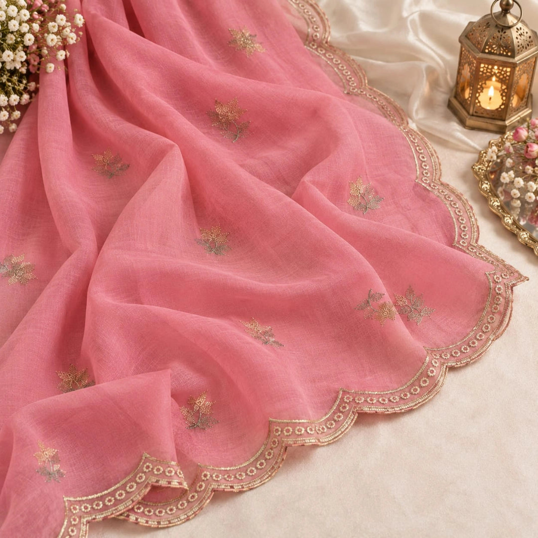 Dusty pink floral elegance mul cotton dupatta with thread embroidery, decorative border and breathable