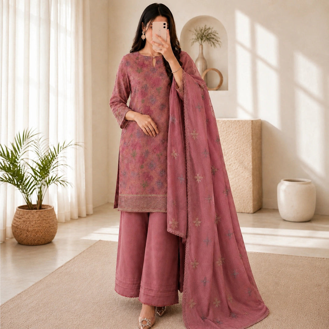 Dusty rose Jam cotton suit set with multicolor floral embroidery, matching dupatta and elegant unstitched ethnic wear fabric