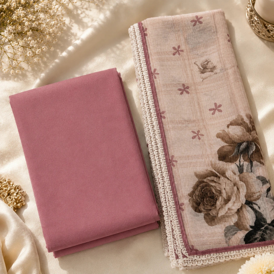 Elegant dusty rose Maheshwari silk intricate thread embroidery, floral printed dupatta and sophisticated ethnic styling