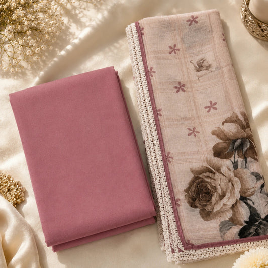 Elegant dusty rose Maheshwari silk intricate thread embroidery, floral printed dupatta and sophisticated ethnic styling