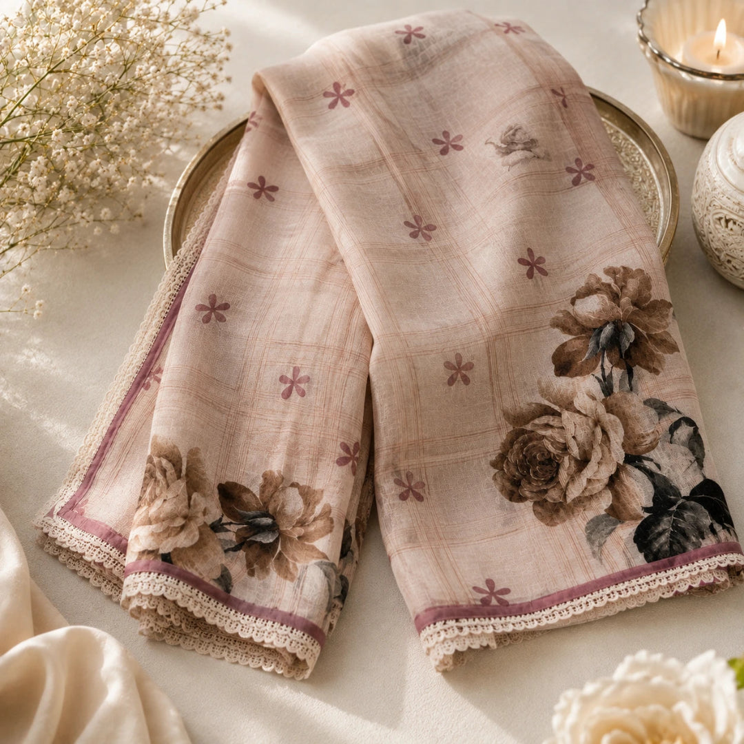 embroidered Maheshwari silk in dusty rose with botanical motifs