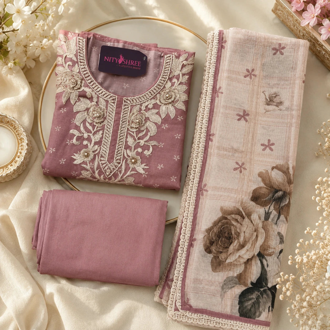 Dusty rose Maheshwari silk suit set with intricate floral thread embroidery, embroidered neckline and floral printed dupatta with lace border