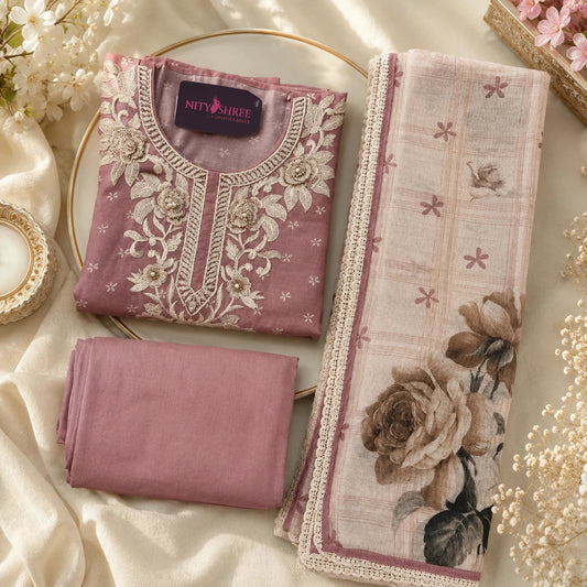 Dusty rose Maheshwari silk suit set with intricate floral thread embroidery, embroidered neckline and floral printed dupatta with lace border