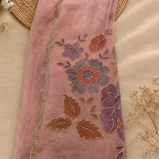 Dusty rose embellished Dupatta with Swarovski work and floral design 