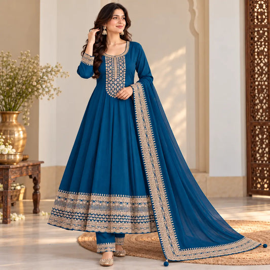 Royal Teal Blue Vichitra Silk Anarkali Suit Set