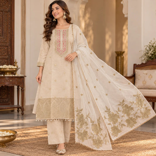 Elegant Cream Silk Suit Set with Golden Embroidery