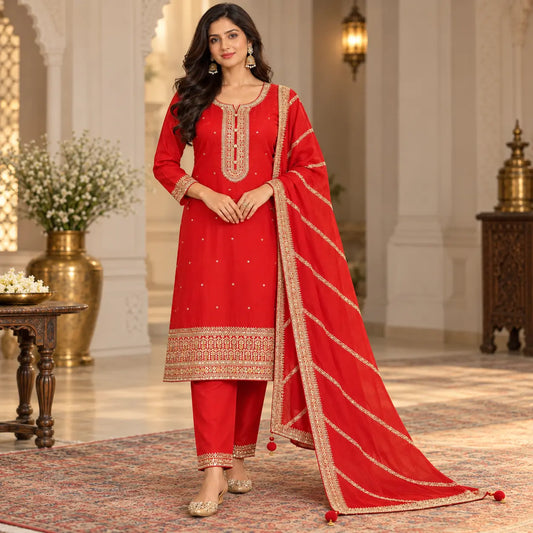 Red Vichitra Silk Embroidered Suit Set