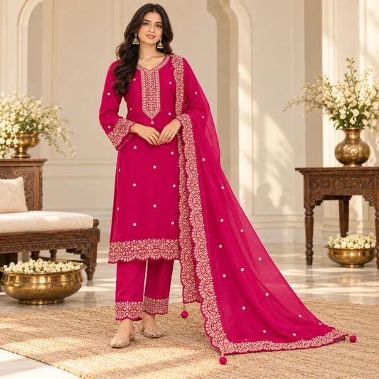 Fuchsia Pink Vichitra Silk Embroidered Straight Suit Set