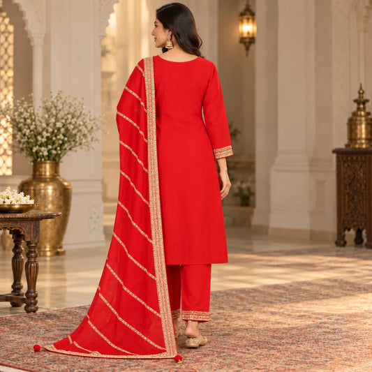 Red Vichitra Silk Embroidered Suit Set