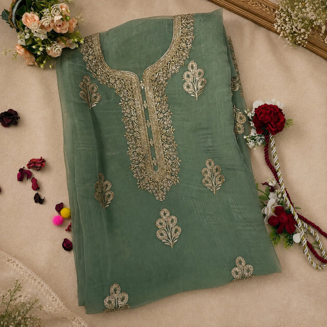 Luxury sage green crushed chiffon unstitched suit set by Nityashree