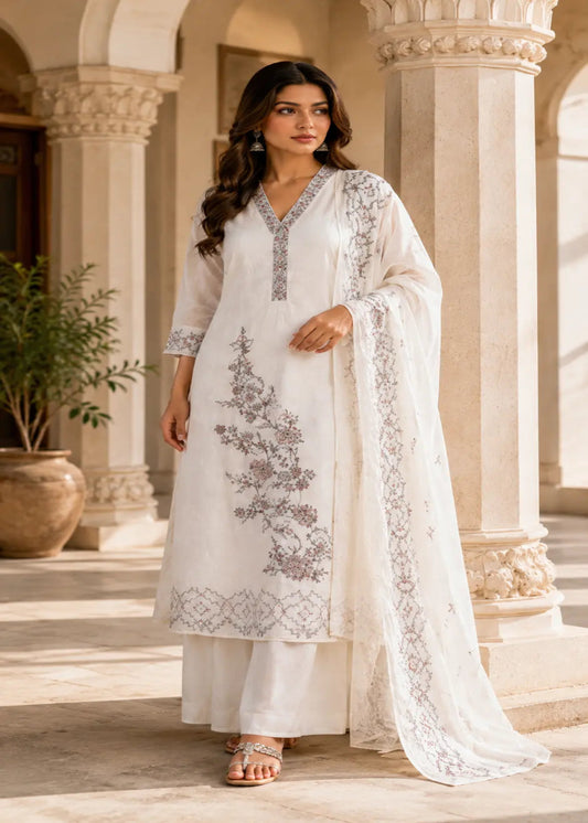 Elegant White Floral Embroidered Kurta with Palazzo & Dupatta Set