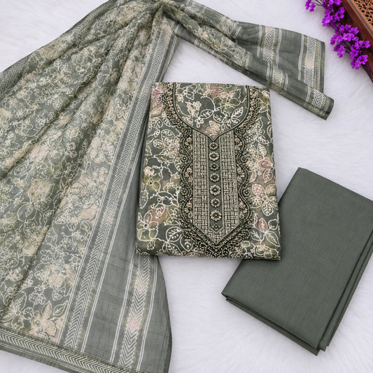 Olive green floral printed suit set with designer rhinestone detailing, matching plain bottom and soft dupatta.