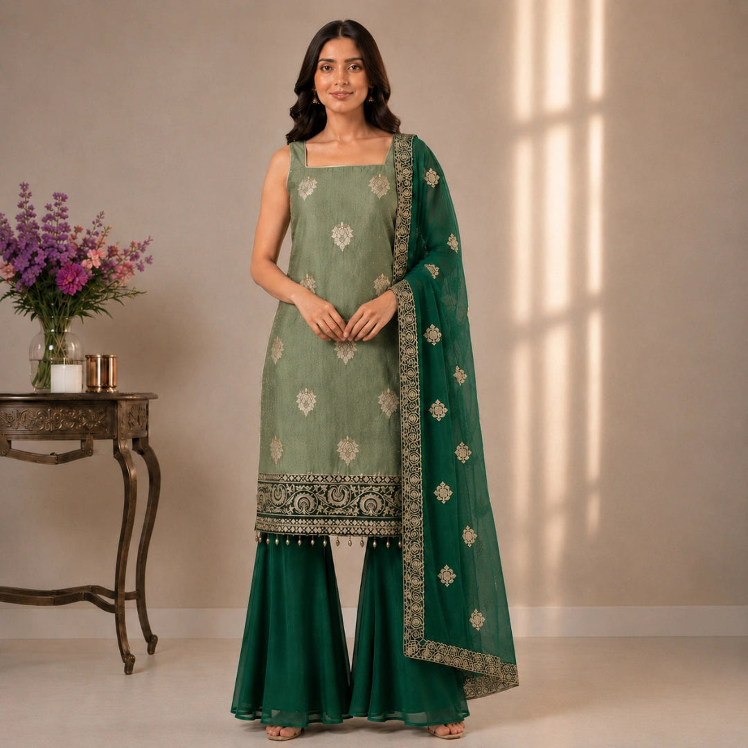 Green embroidered unstitched suit set with designer embroidered dupatta, matching bottom fabric and premium ethnic wear styling