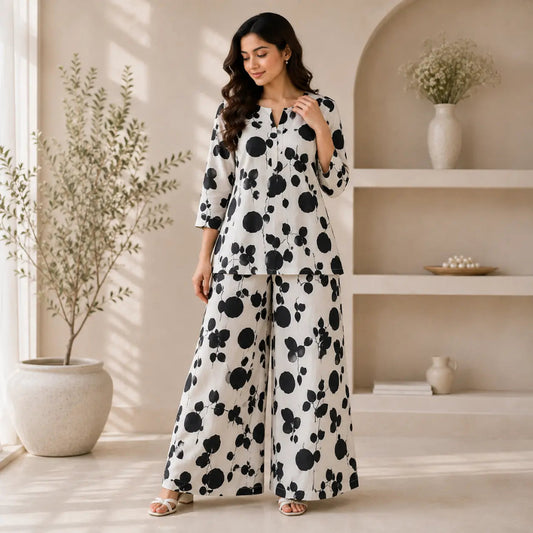 A woman models a two-piece matching lounge set featuring a black and white abstract spotted pattern, consisting of a long-sleeve top and wide-leg pants, set against a warm beige interior background with shelves and potted plants.