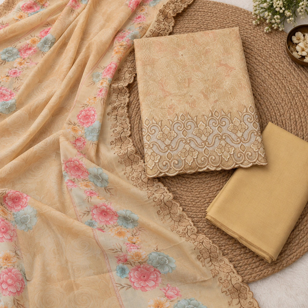 Designer embroidered suit fabric with pastel floral printed dupatta, decorative border and luxurious festive wear styling