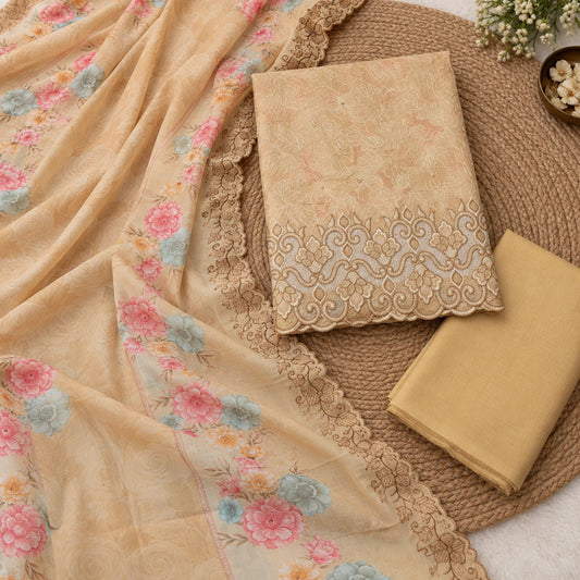 Designer embroidered suit fabric with pastel floral printed dupatta, decorative border and luxurious festive wear styling