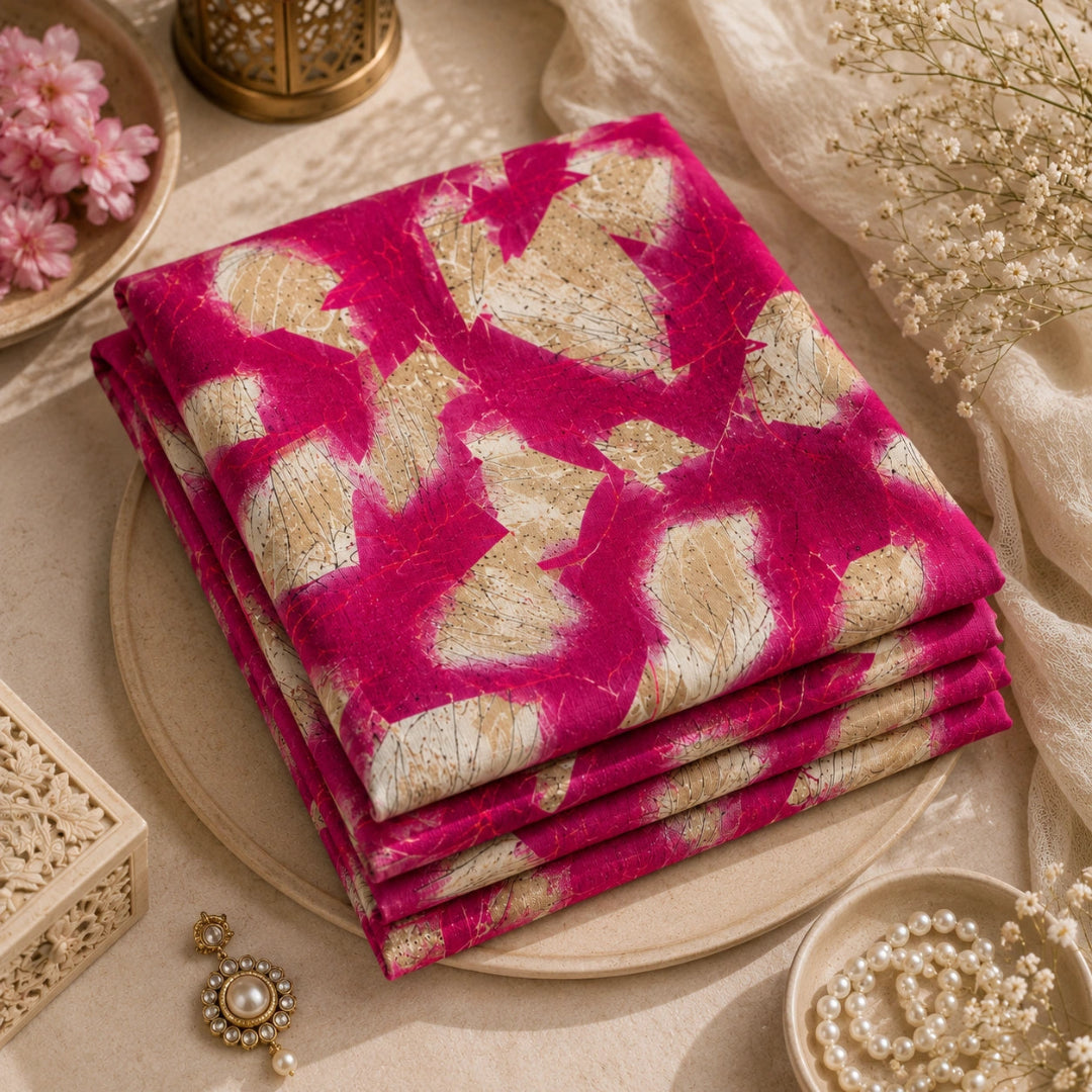 Magenta pink and beige floral fusion printed fabric for kurtis, suits, dresses and co-ord sets, premium dress material for women by Nityashree