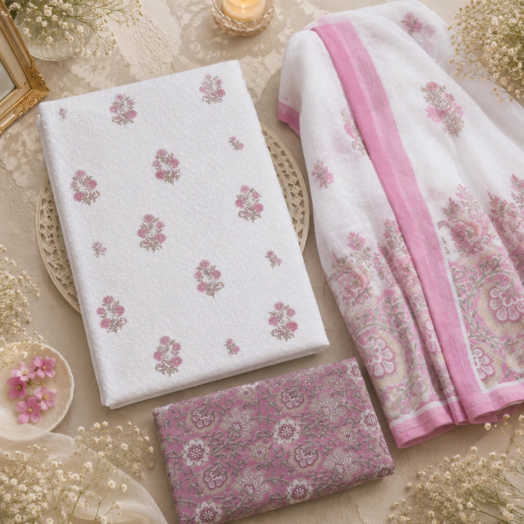 Premium cotton suit fabric featuring pink floral buti motifs, printed dupatta and matching solid cotton bottom