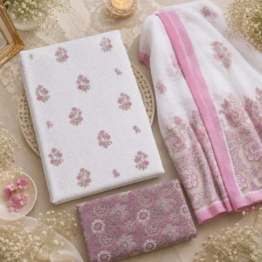 Premium cotton suit fabric featuring pink floral buti motifs, printed dupatta and matching solid cotton bottom