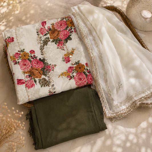 Floral Printed Richly Embellished Ivory Suit