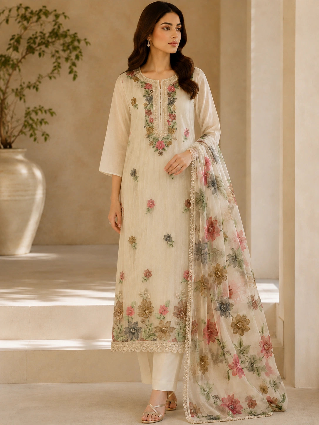Floral bloom suit material, women suit fabric with embroidery and designer dupatta