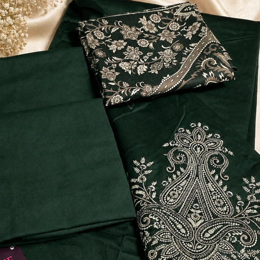 Forest green embroidered cotton suit set with matching dupatta, elegant ethnic wear for women