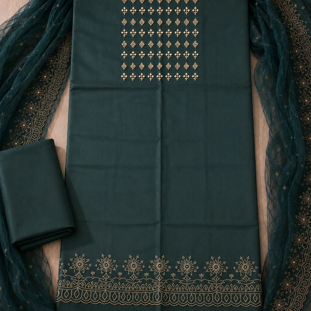 Forest green pearl embellished suit set with golden detailing, floral embroidered dupatta and premium unstitched ethnic wear fabric for women