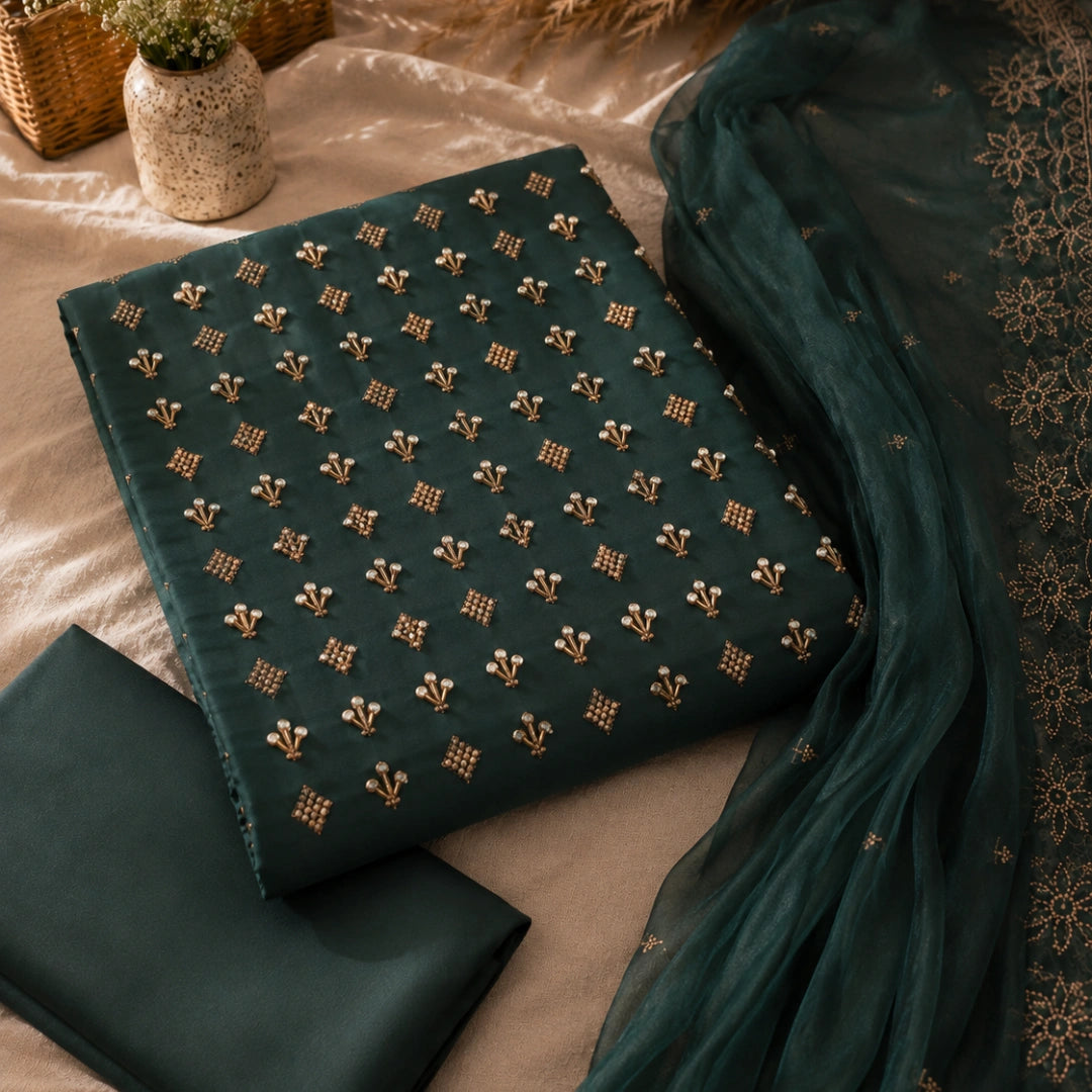Forest green pearl work suit set with golden embellishments, floral embroidered dupatta and premium unstitched suit fabric for women by Nityashree