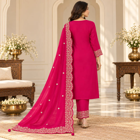 Fuchsia Pink Vichitra Silk Embroidered Straight Suit Set