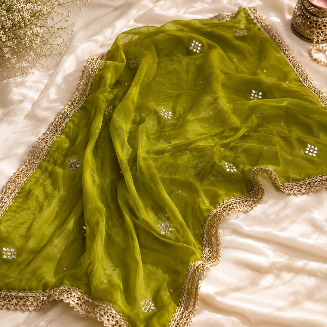 Elegant fuchsia pink embroidered with botanical motifs, embellished lace border dupatta