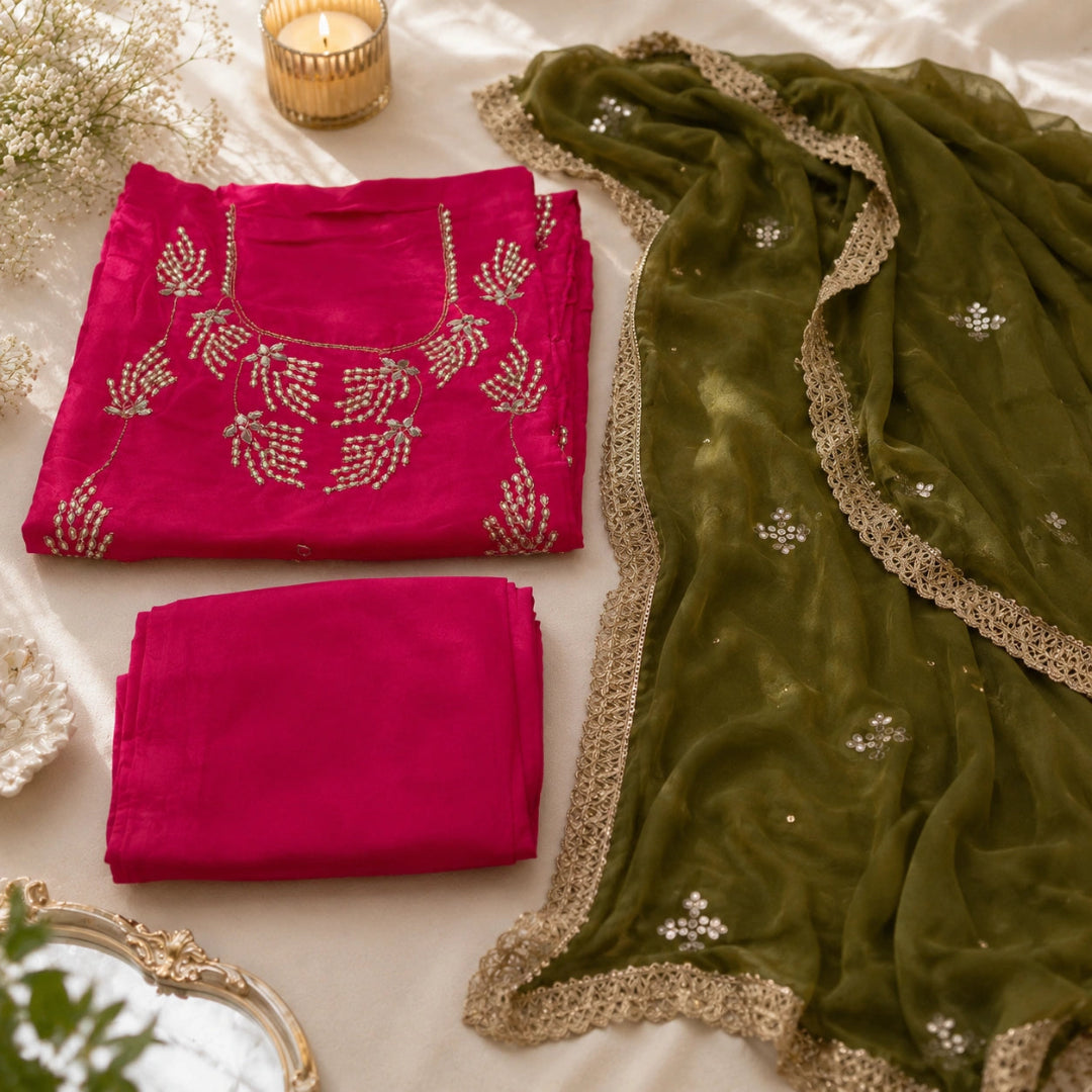 Fuchsia pink embroidered organza silk suit set with parrot green contrast dupatta, floral motifs and premium unstitched suit fabric
