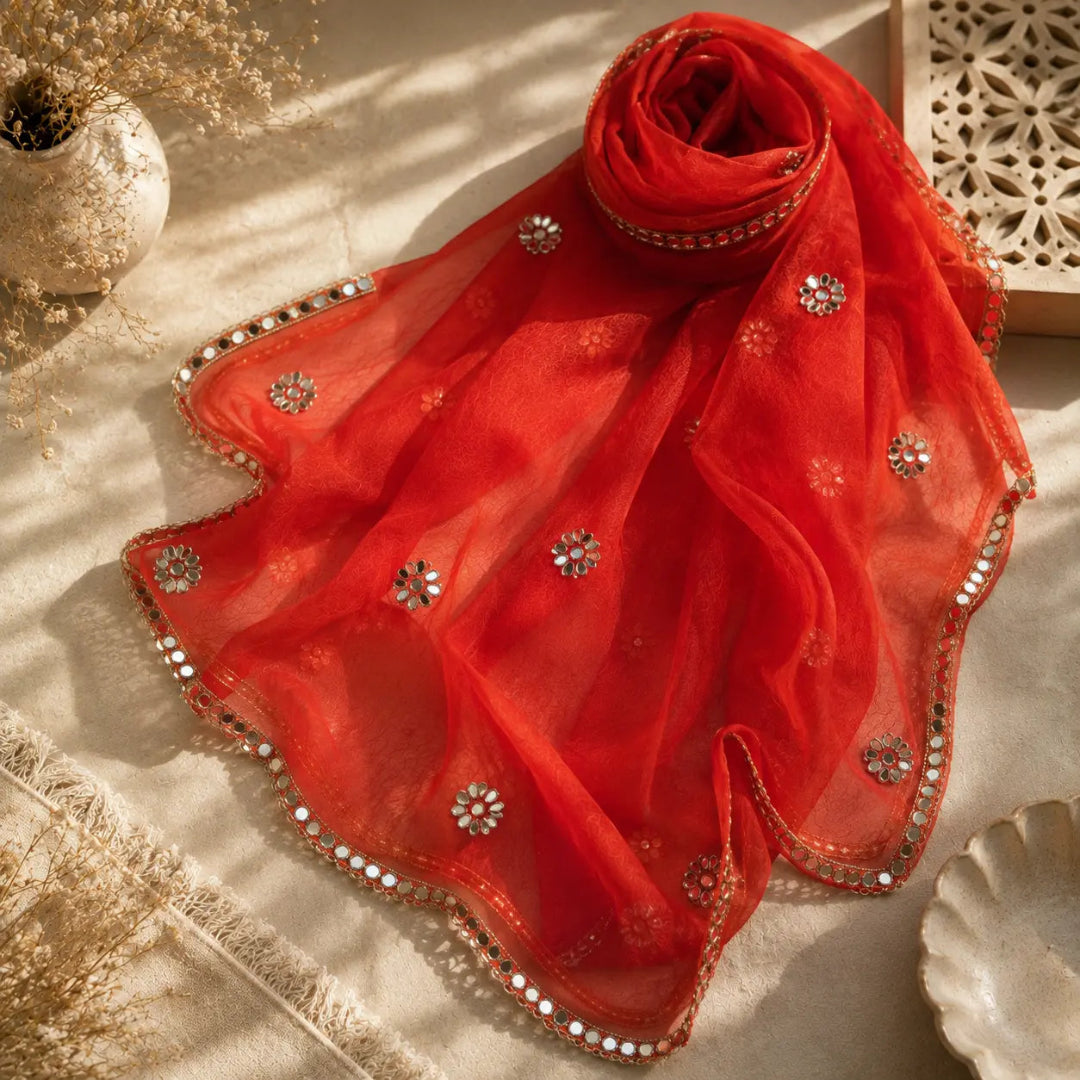 Sunset orange embroidered with metallic detailing, floral motifs and ornate embellished dupatta border