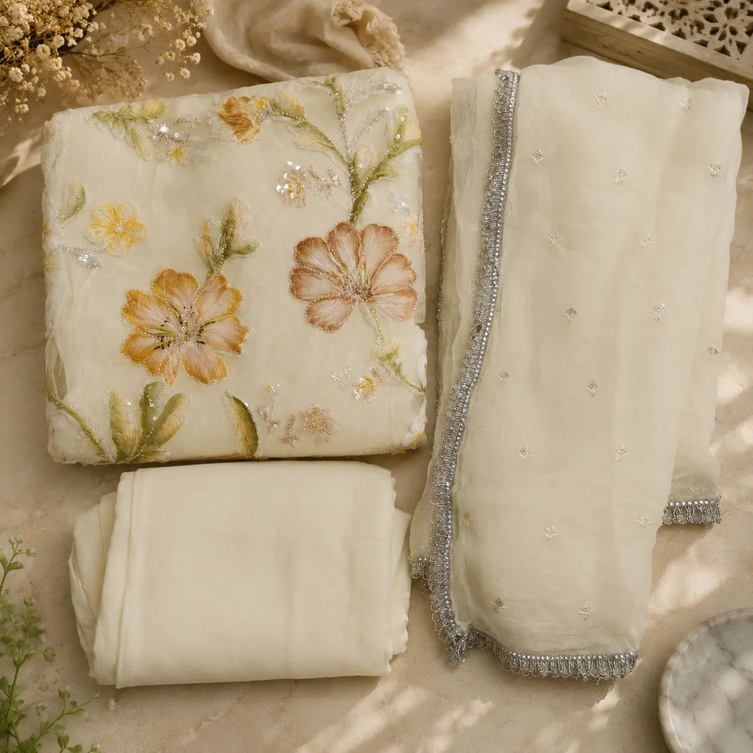 Elegant floral embroidered georgette suit fabric with delicate sequins, ivory bottom and embellished border dupatta
