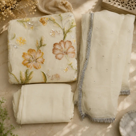 Elegant floral embroidered georgette suit fabric with delicate sequins, ivory bottom and embellished border dupatta