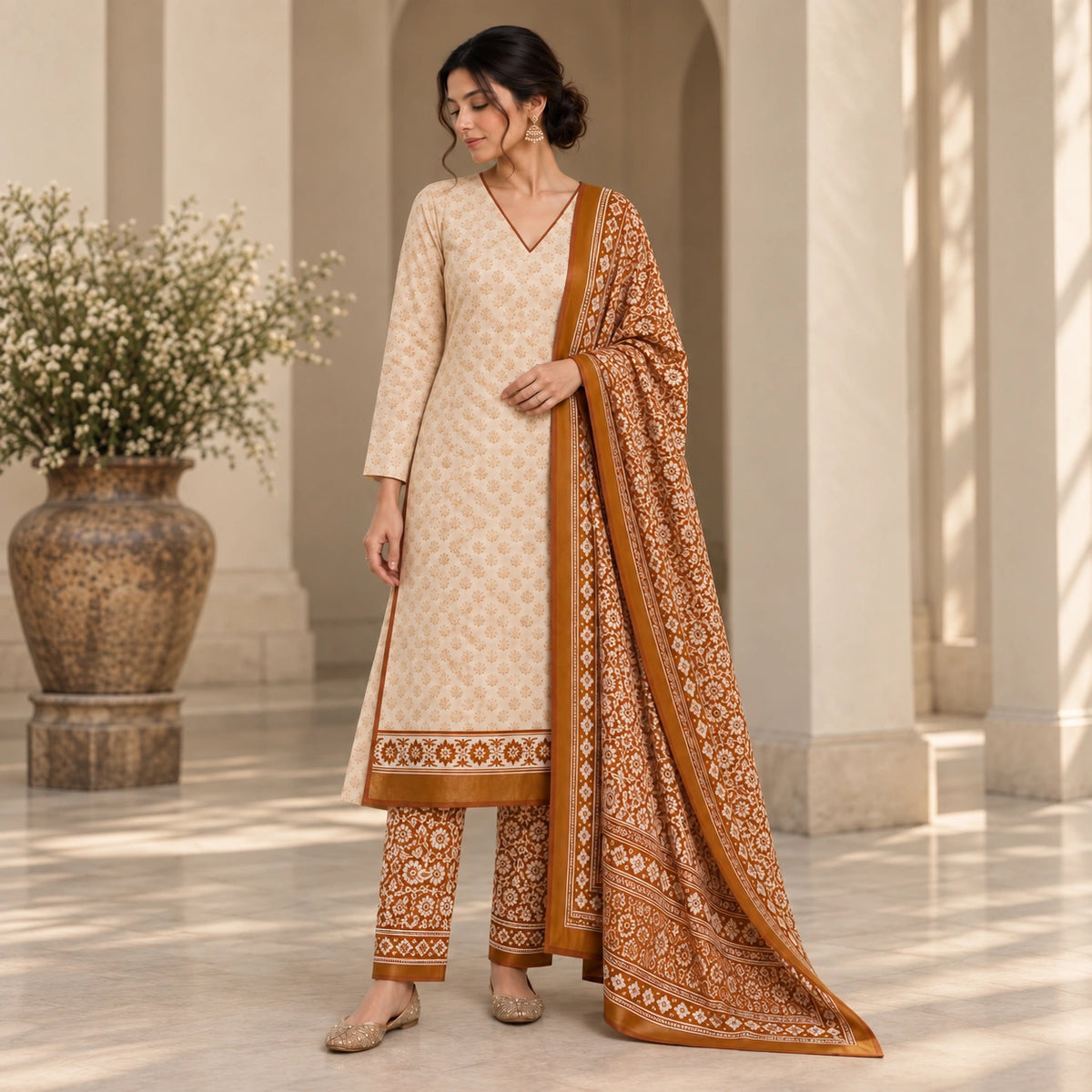 Cream golden motifs suit set with printed floral bottom, paisley-inspired dupatta, golden brown accents and premium unstitched ethnic wear fabric for women by Nityashree