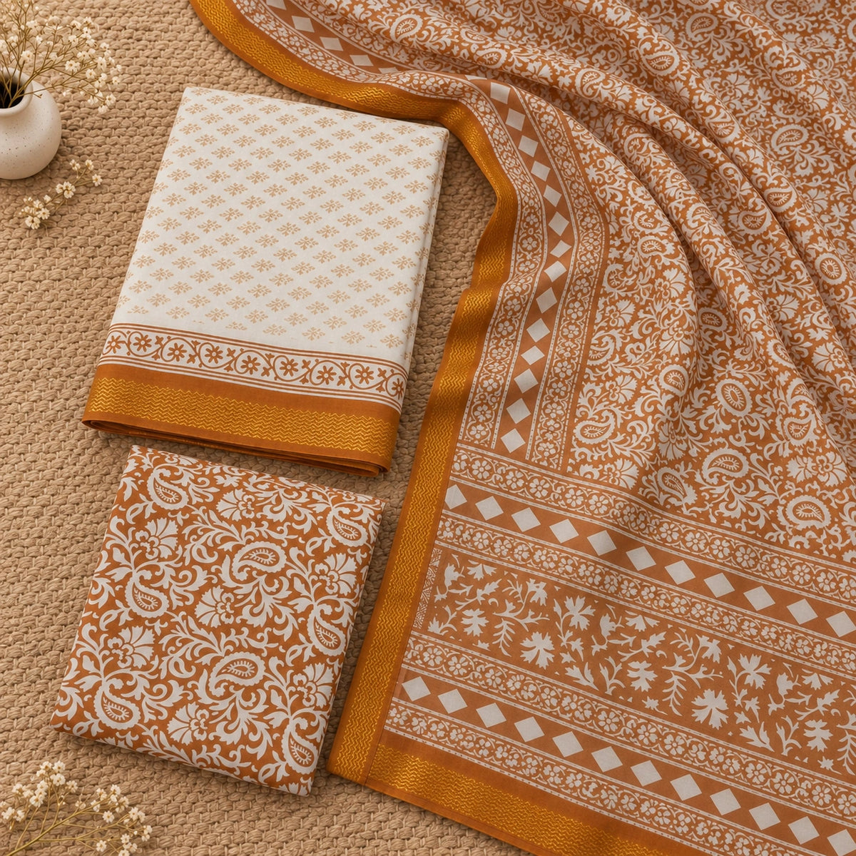 Cream unstitched suit set featuring small golden motifs, floral printed bottom fabric and elegant paisley dupatta