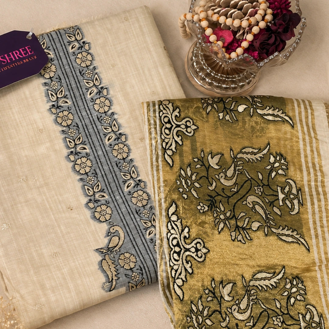 Cream and golden Jamdaani suit fabric featuring woven motifs, paisley border and elegant festive wear styling