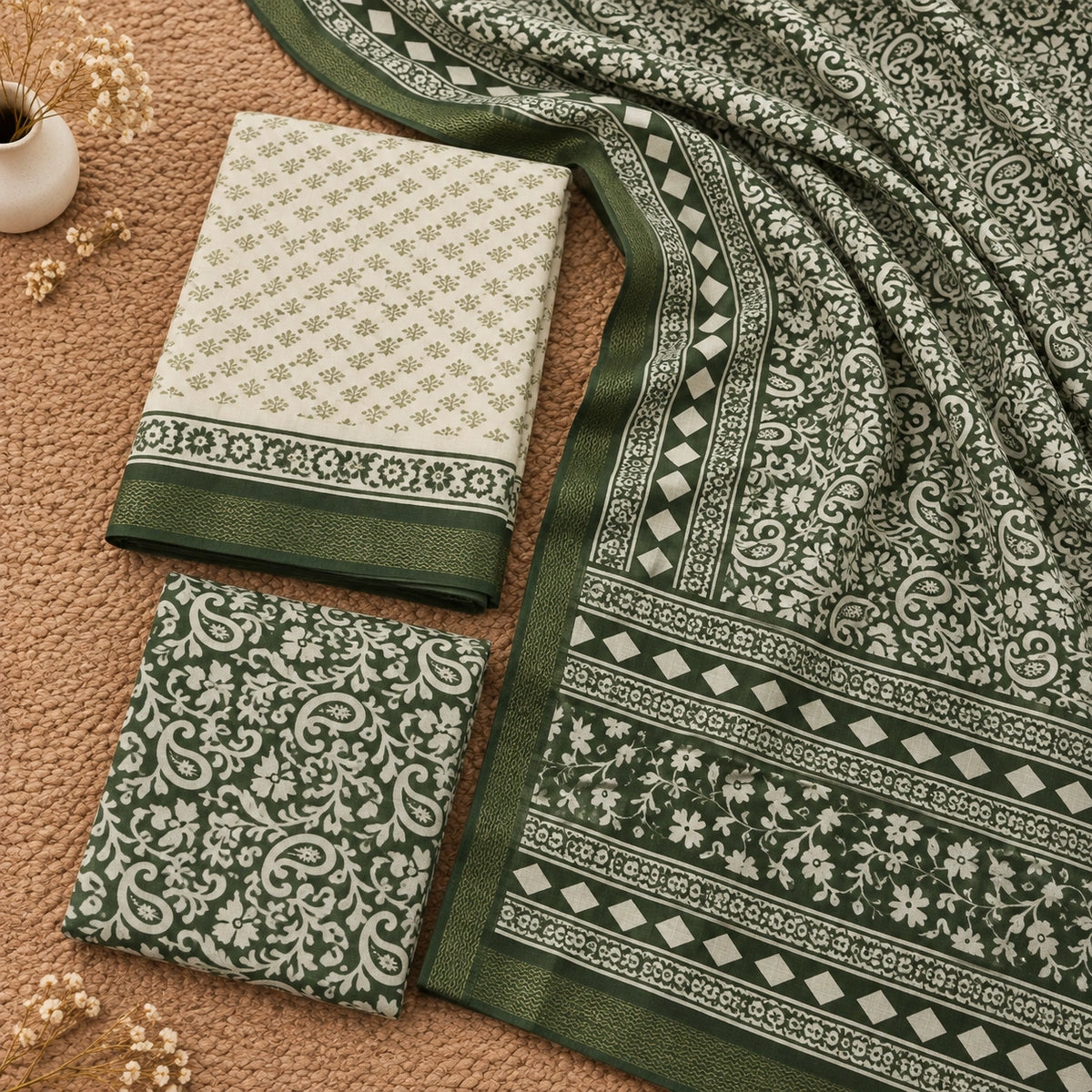 A folded and draped three-piece cotton saree set in forest green and cream, featuring a small floral pattern on the body, a wide decorative border, and a paisley-patterned pallu, displayed on a textured beige carpet.