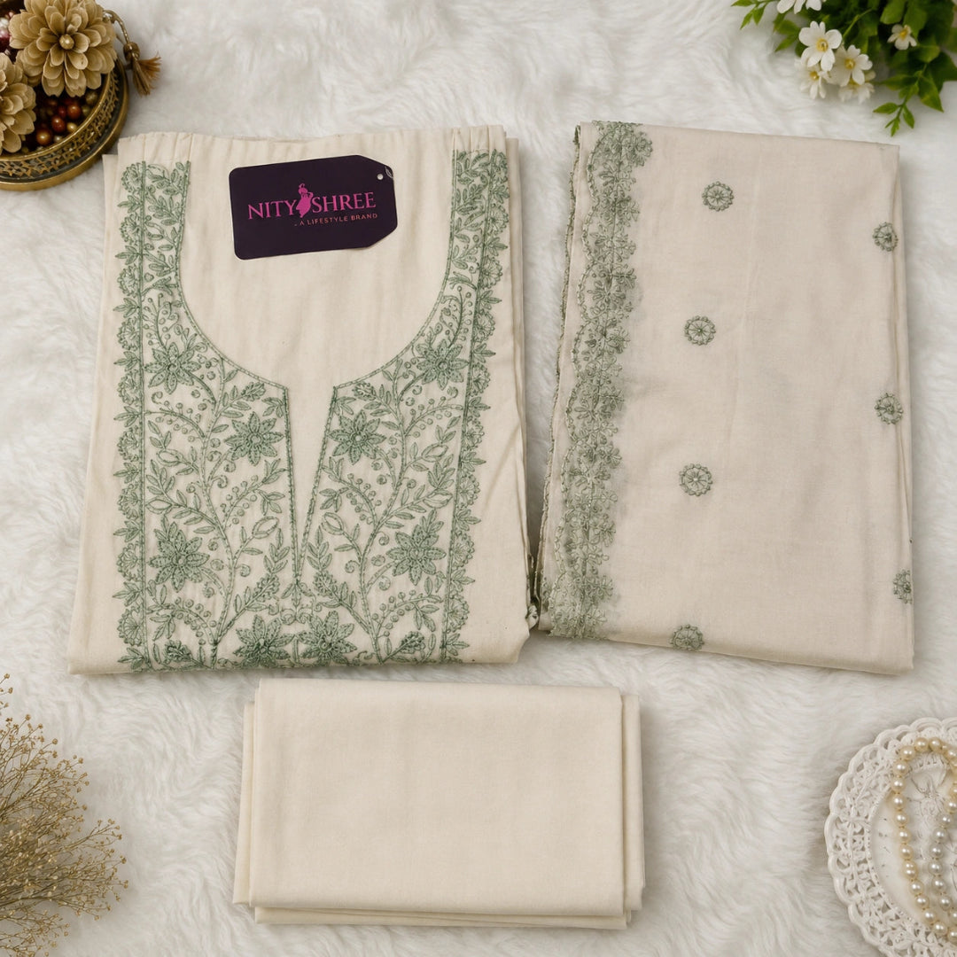 Green floral thread embroidered modal silk suit set with elegant dupatta, premium ethnic wear suit fabric for women