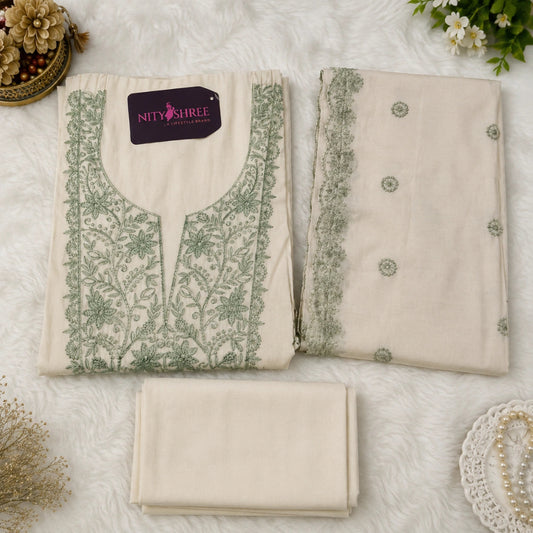 Green floral thread embroidered modal silk suit set with elegant dupatta, premium ethnic wear suit fabric for women