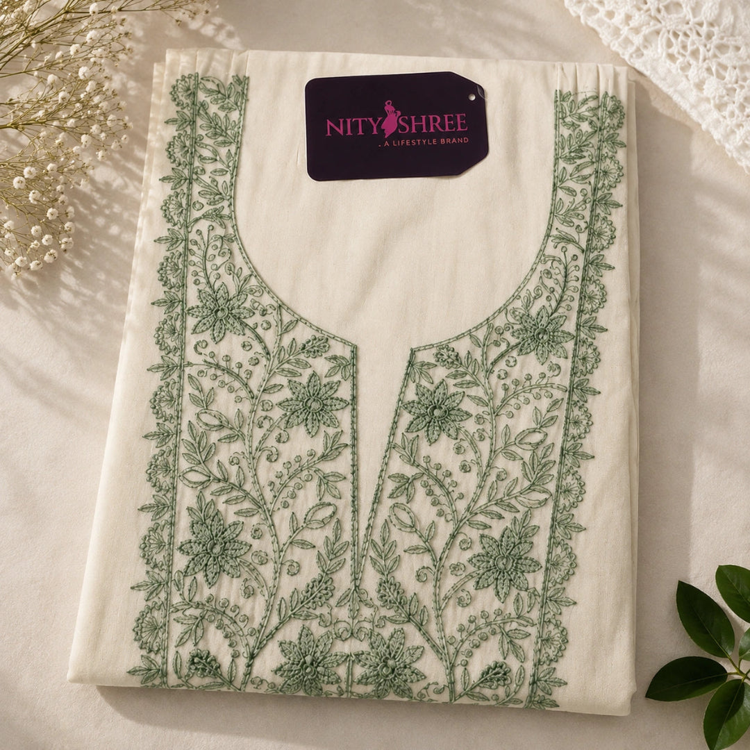 Green thread work modal silk dress material set with floral embroidery, elegant ethnic wear for women