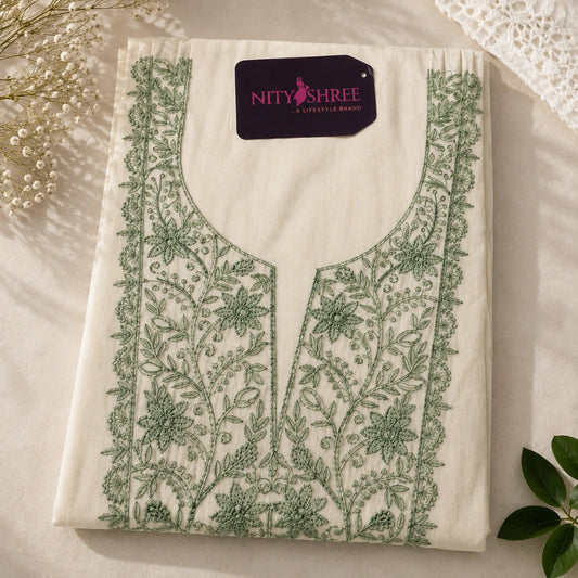 Green thread work modal silk dress material set with floral embroidery, elegant ethnic wear for women