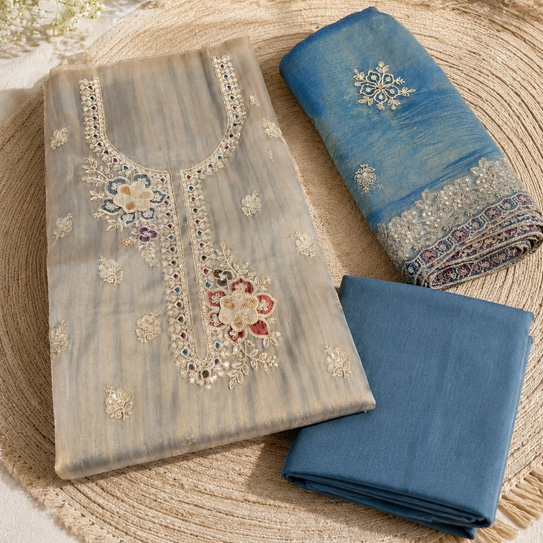 Grey blue elegant crushed shimmer suit set with embroidered dupatta, premium unstitched suit fabric for women by Nityashree