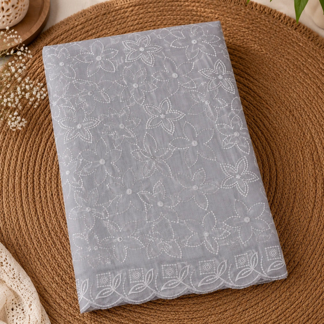 grey floral embroidered modal silk suit fabric with matching dupatta, elegant unstitched suit material for women