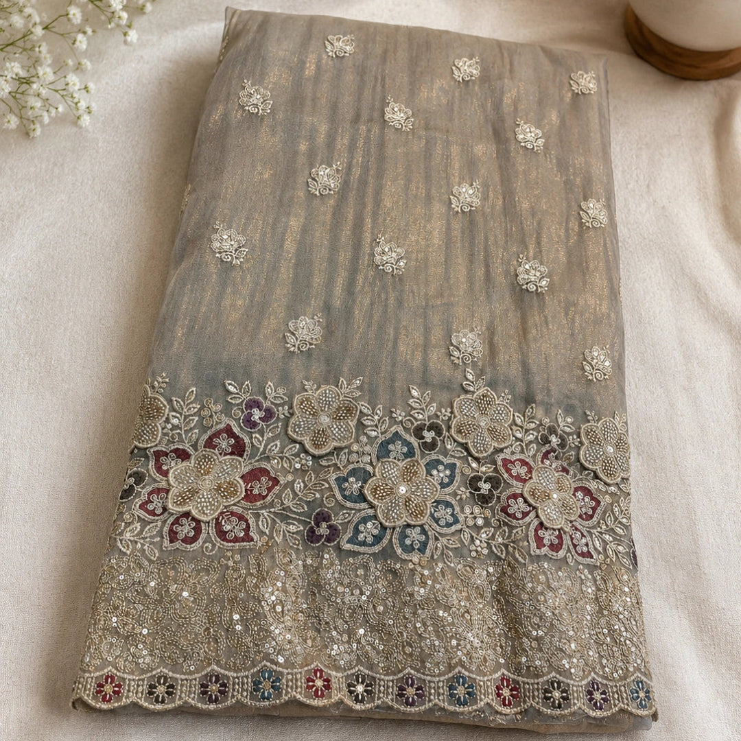 Silver grey floral embroidered shimmer suit fabric, latest suit design for women and ethnic wear