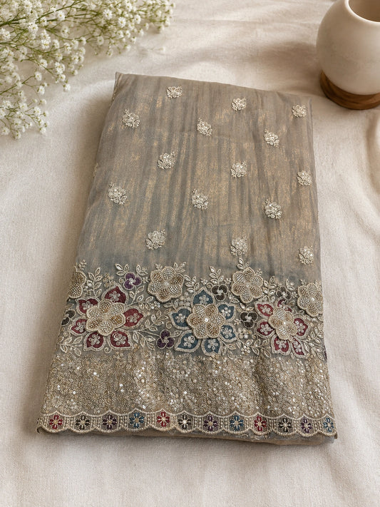 Silver grey floral embroidered shimmer suit fabric, latest suit design for women and ethnic wear