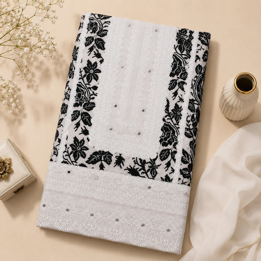 Grey suit fabric with black floral print, mirror work neckline and premium unstitched ethnic wear fabric for women by Nityashree
