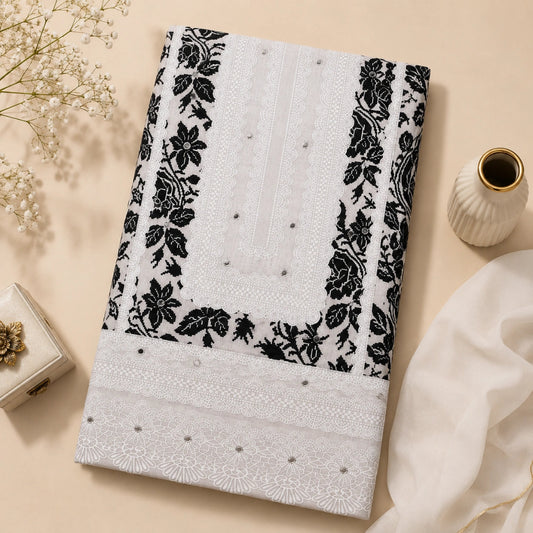 Grey suit fabric with black floral print, mirror work neckline and premium unstitched ethnic wear fabric for women by Nityashree