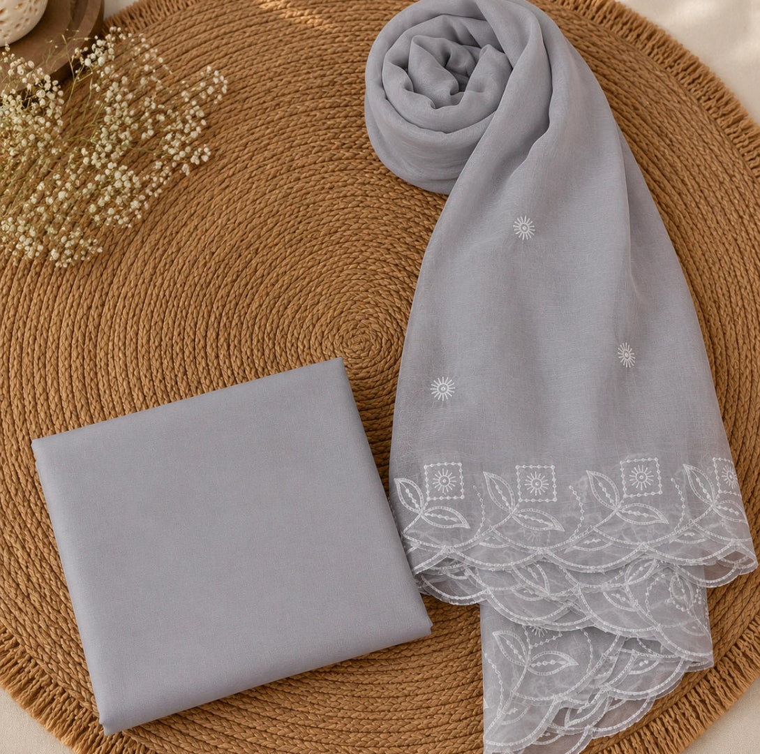 Pearl grey modal silk thread work suit set with embroidered dupatta, premium unstitched suit fabric for women, latest ethnic wear by Nityashree